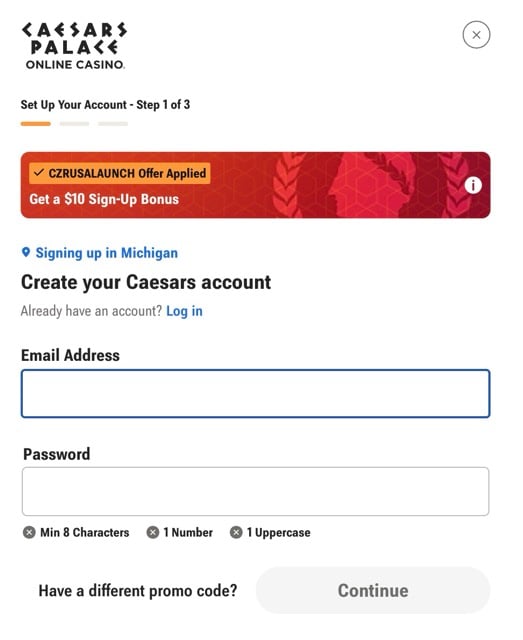 Window to enter Caesars Casino promo code